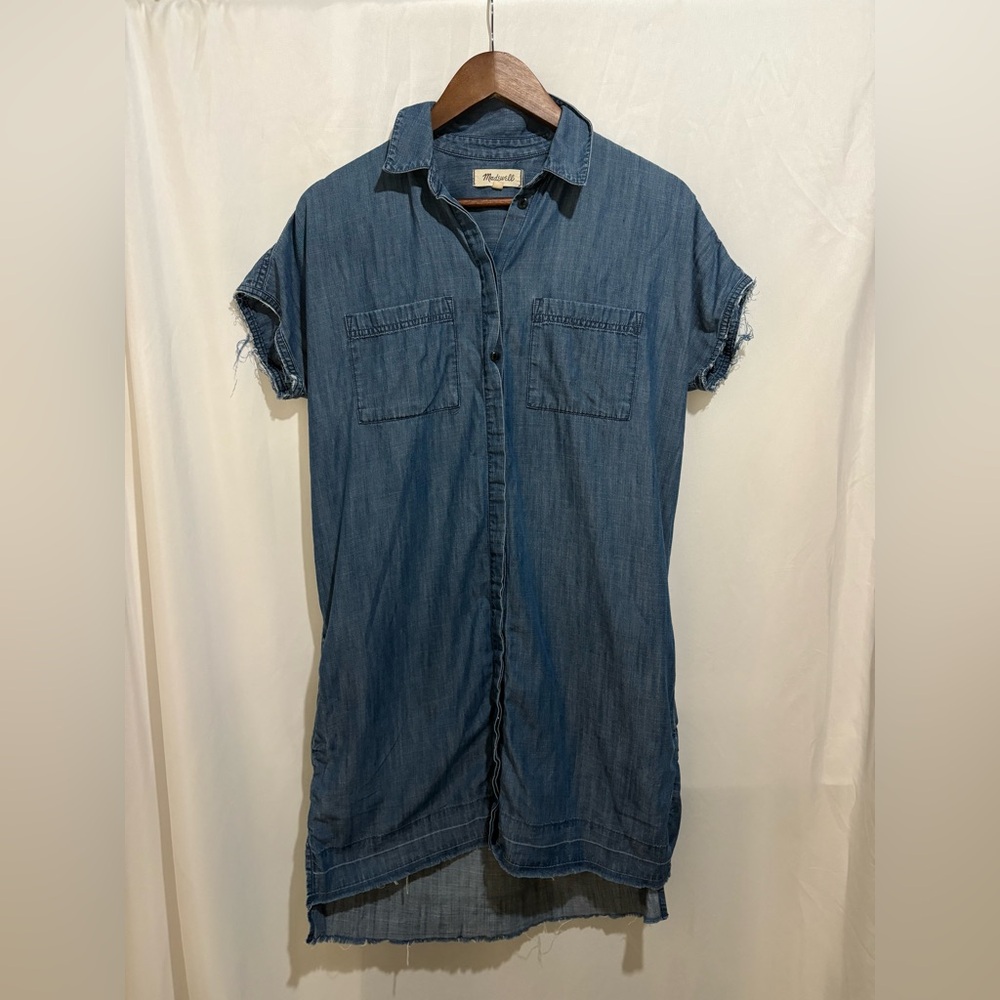 Madewell Chambray Shirt Dress Small Blue Denim Short Sleeve Pockets Casual